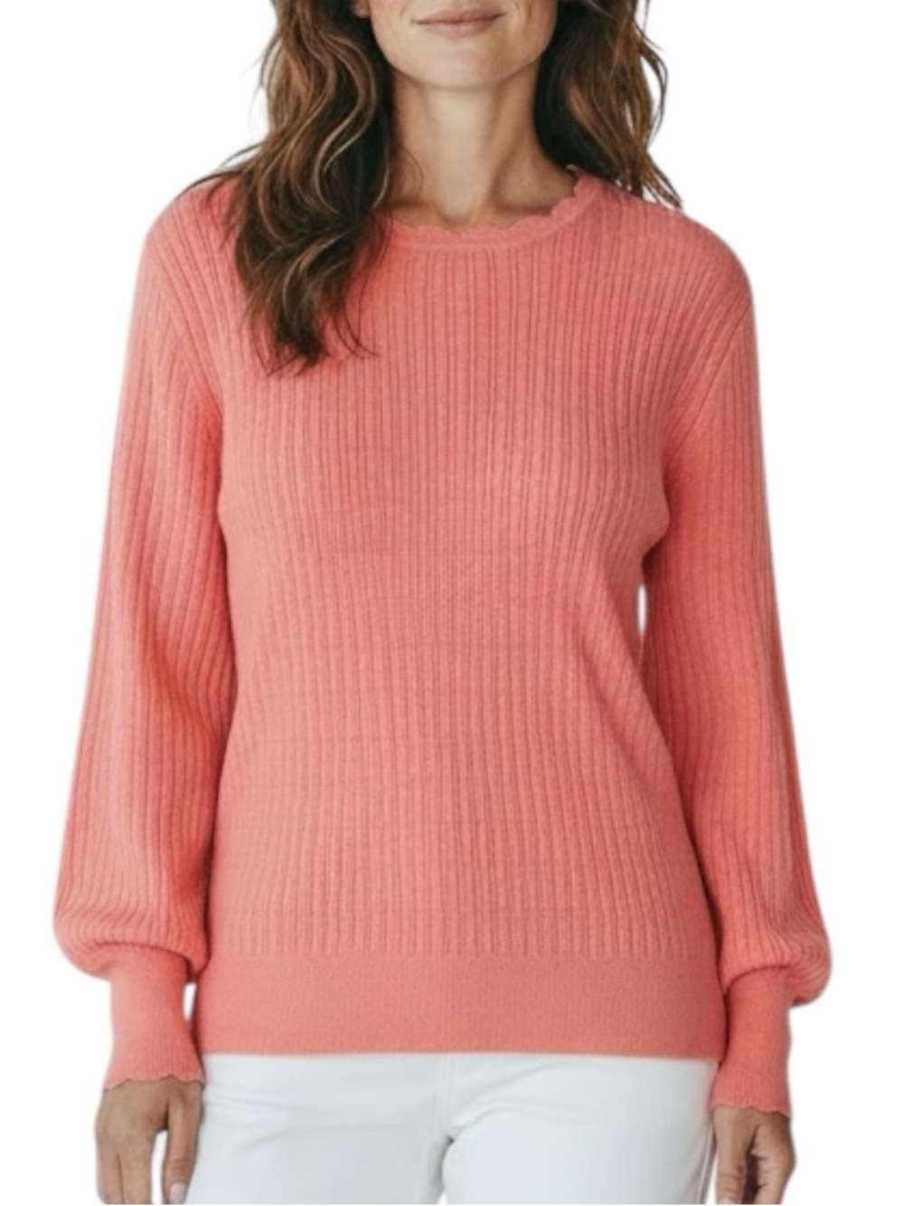 NWT ADRIANNA PAPELL Tea Rose Long Sleeve Scallop Detail Sweater Size X-Large